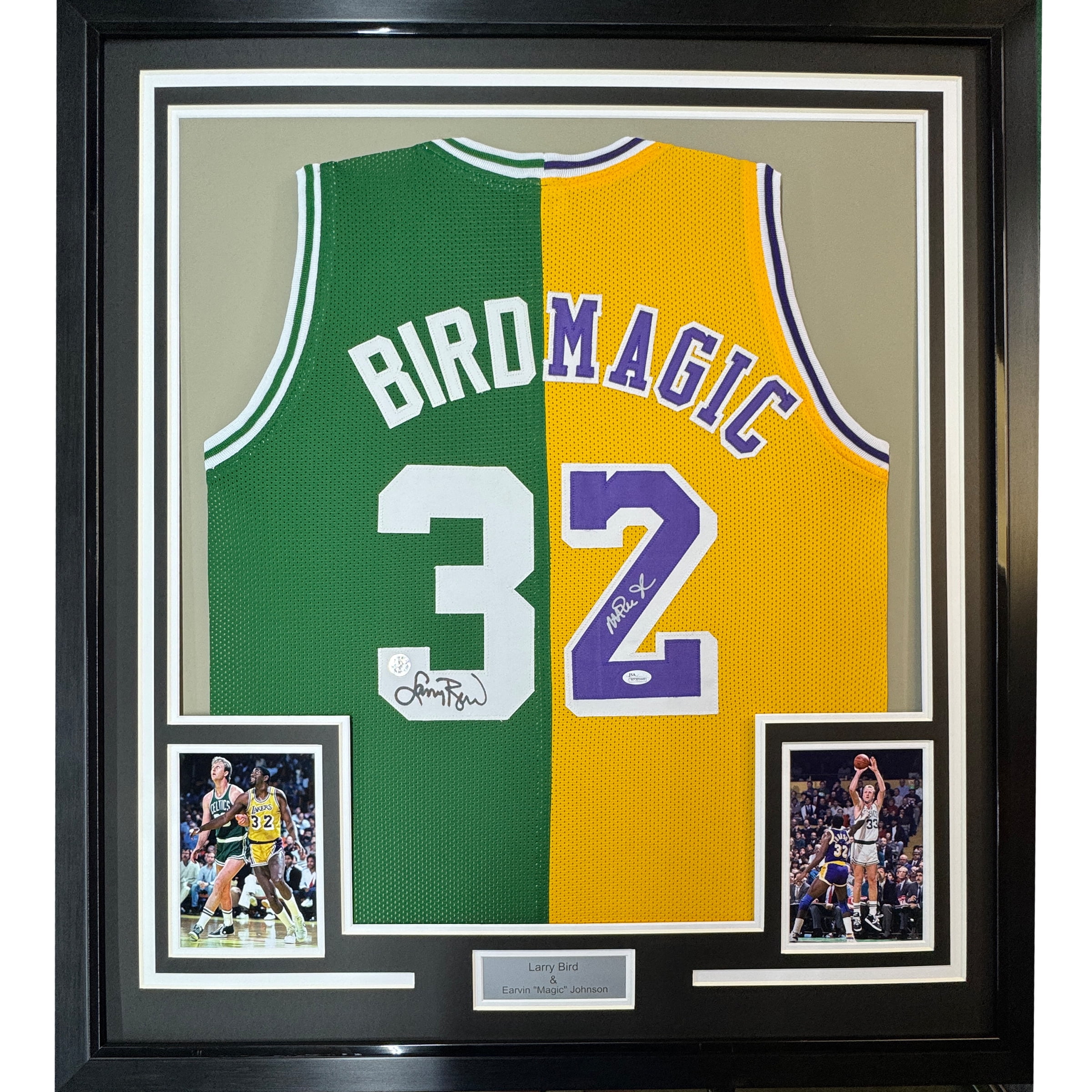 Framed Autographed/Signed Larry Bird & Magic Johnson 35x39 Dual