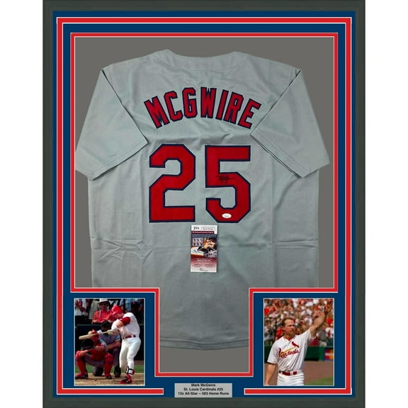 Framed Autographed/Signed Mark McGwire 35x39 St. Louis Grey Baseball Jersey JSA COA