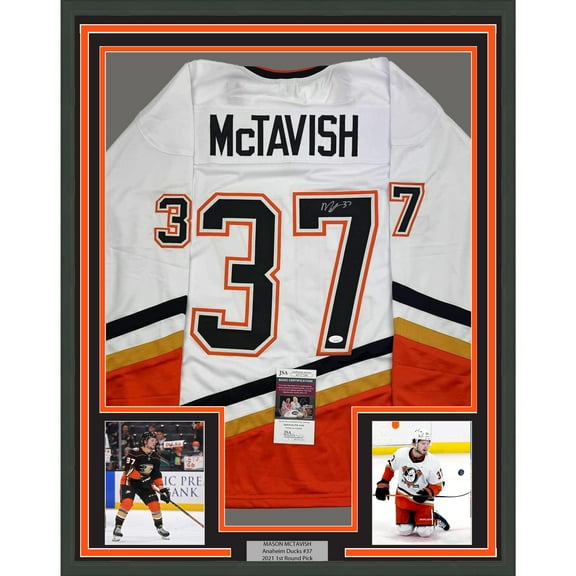 Framed Autographed/Signed Mason McTavish 35x39 Anaheim White Hockey Jersey JSA COA