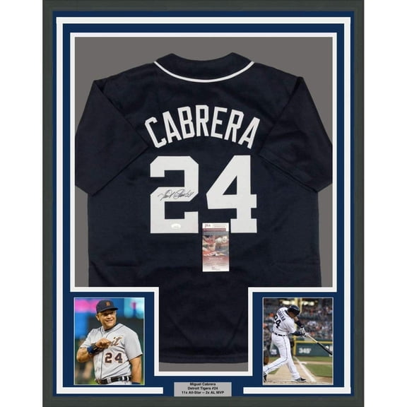 Framed Autographed/Signed Miguel Cabrera 35x39 Detroit Blue Baseball Jersey JSA COA