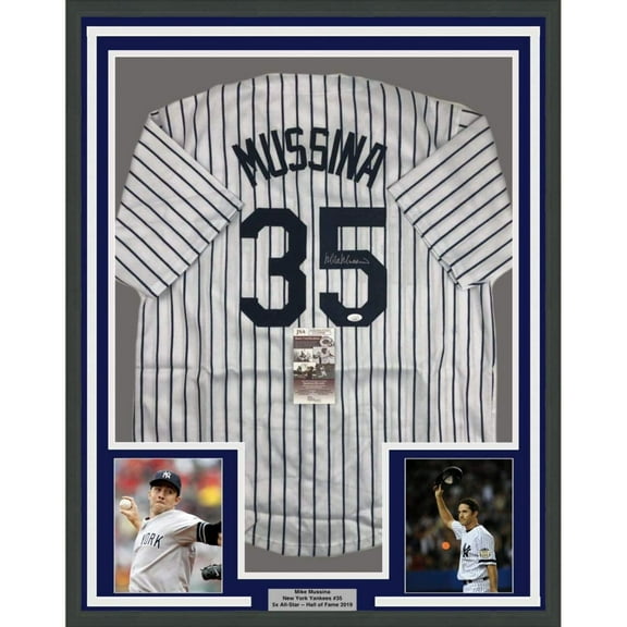 Framed Autographed/Signed Mike Mussina 35x39 New York Pinstripe Baseball Jersey JSA COA