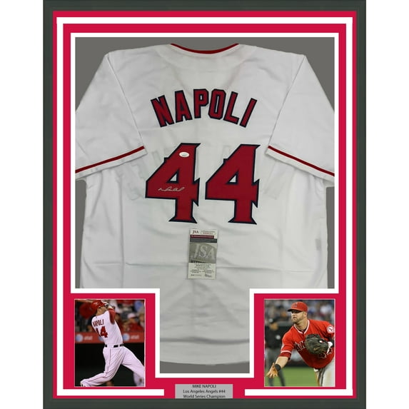 Framed Autographed/Signed Mike Napoli 35x39 Los Angeles LA Anaheim White Baseball Jersey JSA COA