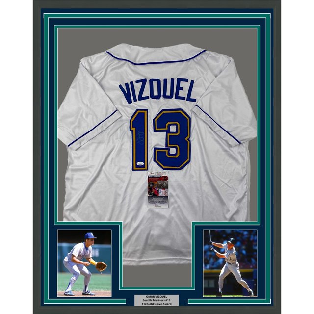 Framed Autographed/Signed Omar Vizquel 35x39 Seattle White Baseball
