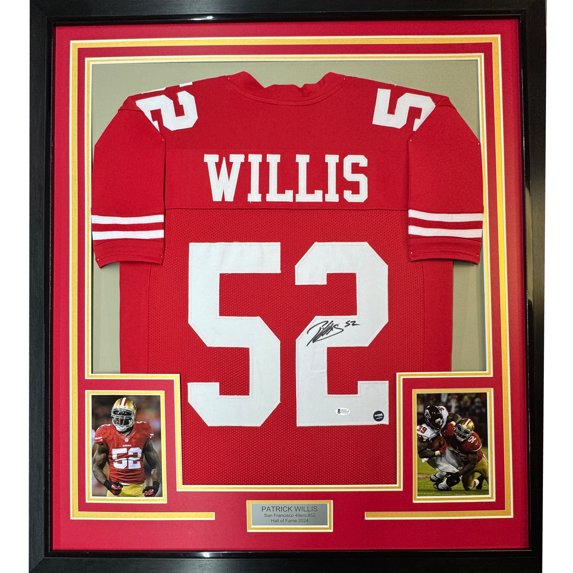 Framed Autographed/Signed Patrick Willis 35x39 San Francisco Red Football Jersey Beckett BAS COA