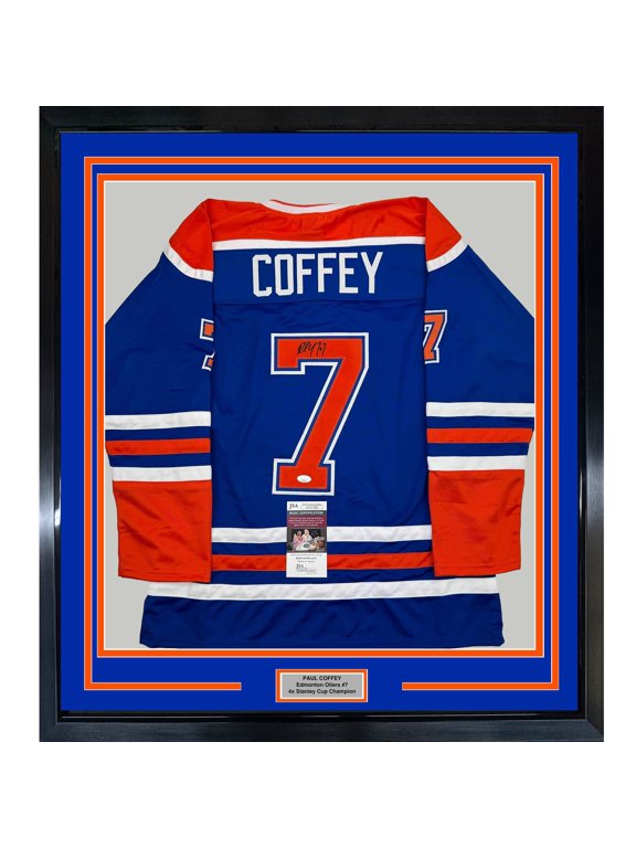 Framed Autographed/Signed Paul Coffey 35x39 Edmonton Blue Hockey Jersey JSA COA