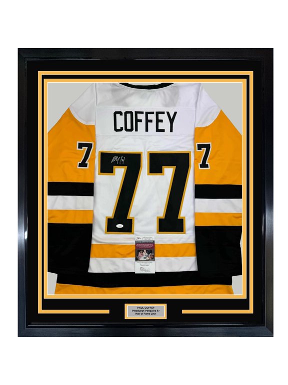 Framed Autographed/Signed Paul Coffey 35x39 Pittsburgh White Hockey Jersey JSA COA