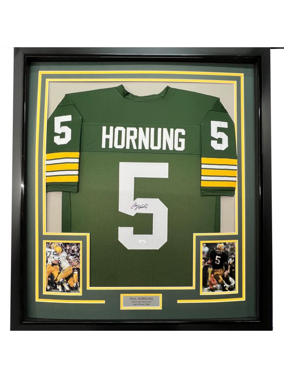 Framed Autographed/Signed Paul Hornung 35x39 Green Bay Green Football Jersey JSA COA