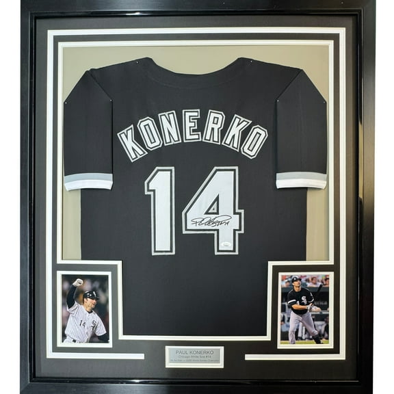 Framed Autographed/Signed Paul Konerko 35x39 Chicago Black Baseball Jersey JSA COA