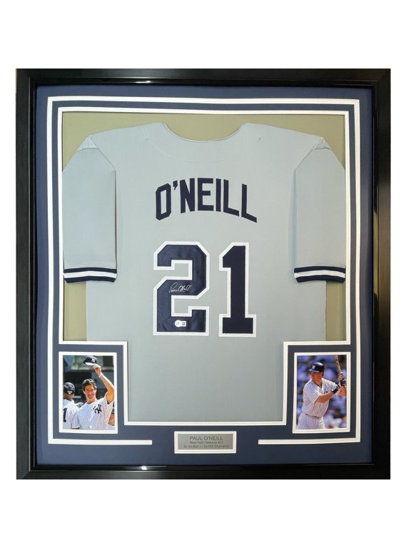 Framed Autographed/Signed Paul O'Neill 35x39 New York Grey Baseball Jersey JSA COA