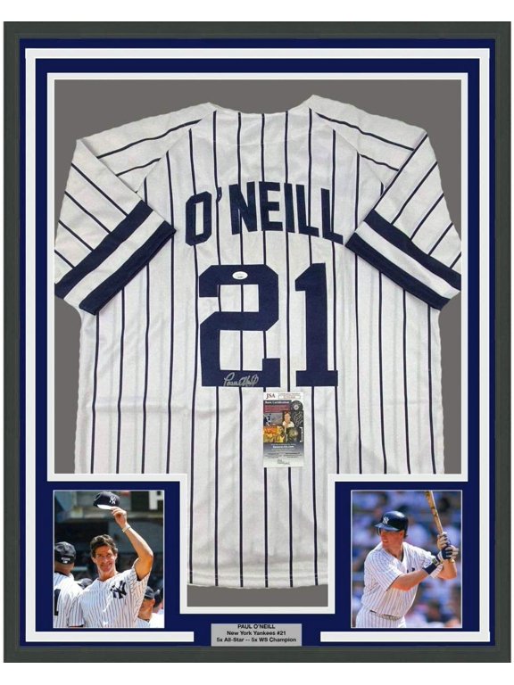 Framed Autographed/Signed Paul O'Neill 35x39 New York Pinstripe Baseball Jersey JSA COA