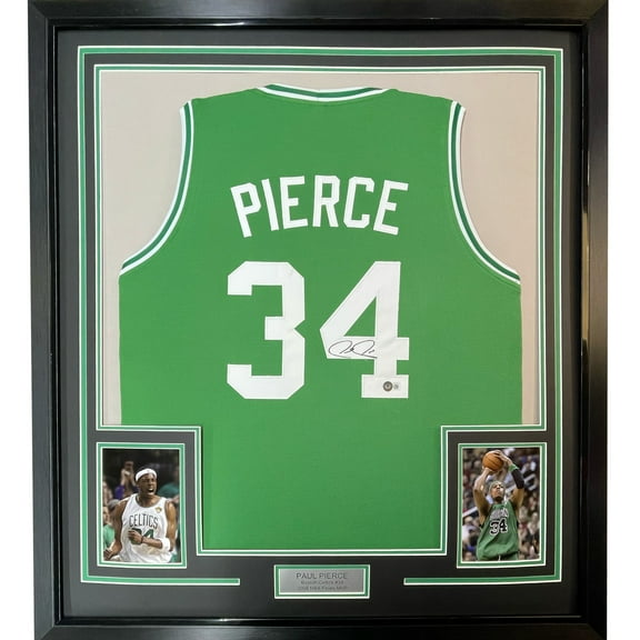 Framed Autographed/Signed Paul Pierce 35x39 Boston Green Basketball Jersey Beckett BAS COA