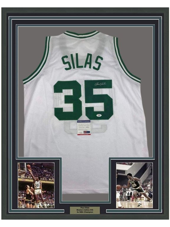 Framed Autographed/Signed Paul Silas 35x39 Boston White Basketball Jersey PSA/DNA COA