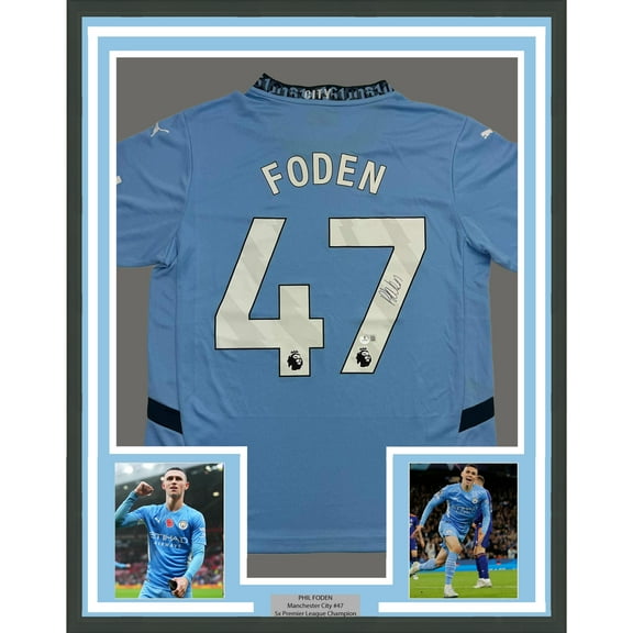 Framed Autographed/Signed Phil Foden 35x39 Manchester City Blue Soccer Futbol Jersey Beckett BAS COA #3
