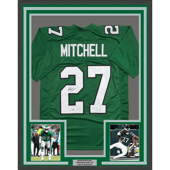 Framed Autographed/Signed Quinyon Mitchell 35x39 Philadelphia Kelly Green Football Jersey JSA COA