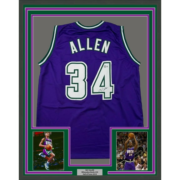 Framed Autographed/Signed Ray Allen 35x39 Milwaukee Purple Basketball Jersey Beckett BAS COA