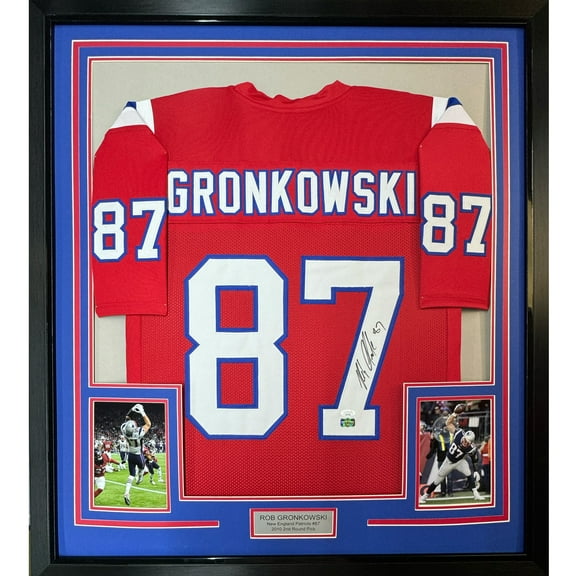Framed Autographed/Signed Rob Gronk Gronkowski 35x39 New England Red Football Jersey JSA COA