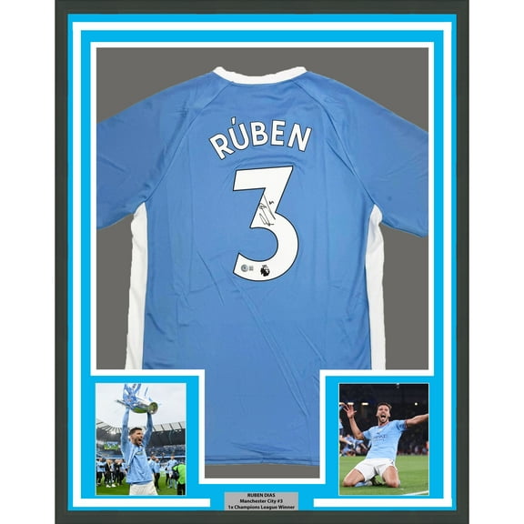 Framed Autographed/Signed Ruben Dias 35x39 Manchester City Blue Soccer Futbol Jersey Beckett BAS COA #2