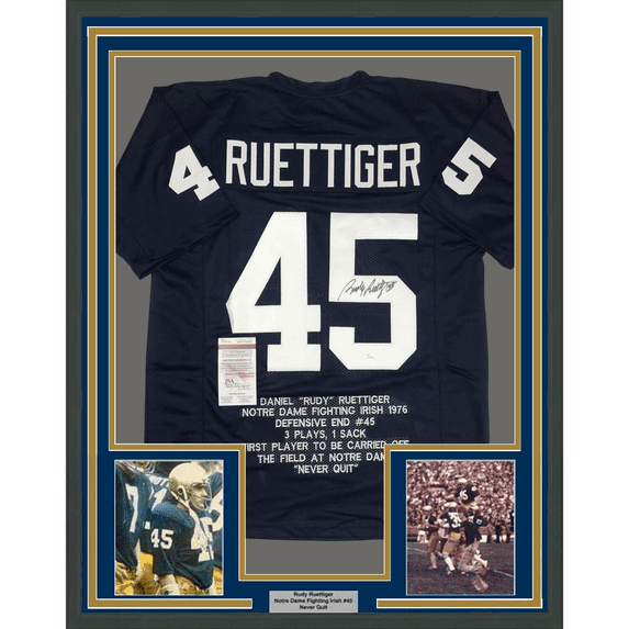 Framed Autographed/Signed Rudy Ruettiger 35x39 Notre Dame Blue Stat College Football Jersey JSA COA