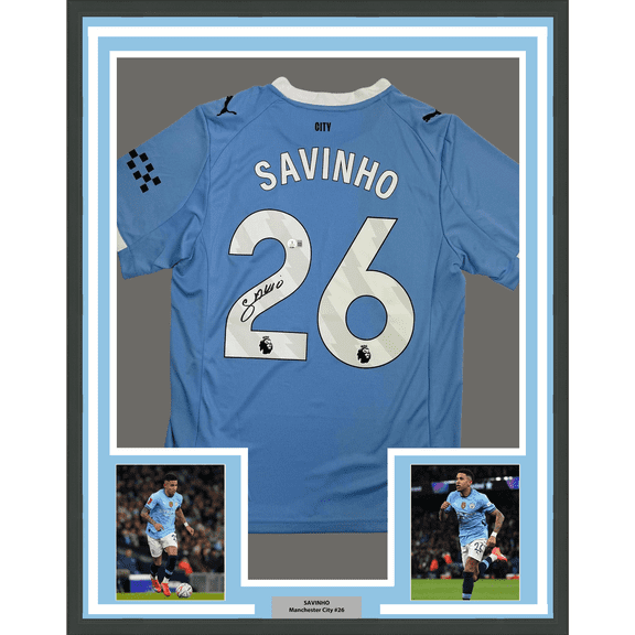 Framed Autographed/Signed Savinho 35x39 Manchester City Blue Soccer Futbol Jersey Beckett BAS COA