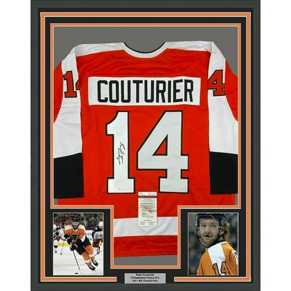 Framed Autographed/Signed Sean Couturier 35x39 Philadelphia Orange Hockey Jersey JSA COA