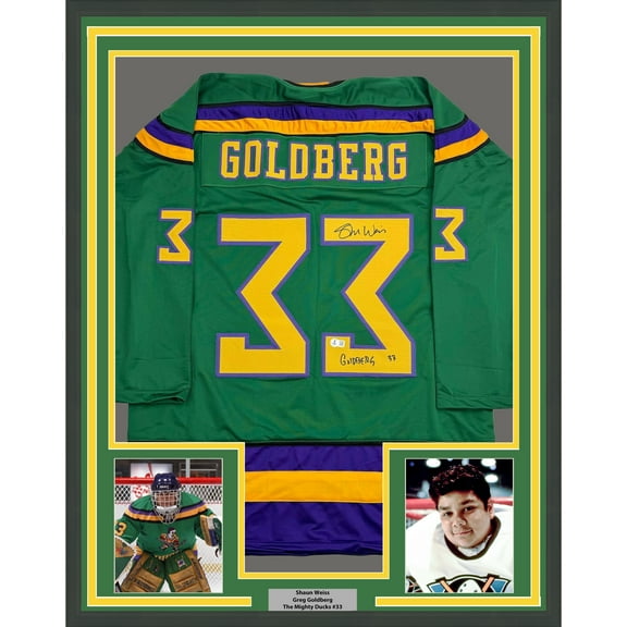 Framed Autographed/Signed Shaun Weiss Greg Goldberg 35x39 The Mighty Ducks Green Hockey Jersey Beckett BAS COA