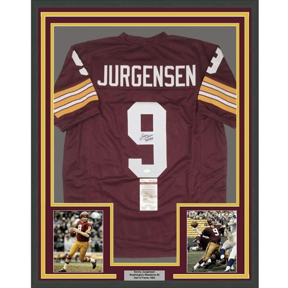 Framed Autographed/Signed Sonny Jurgensen HOF 83 35x39 Washington Burgundy Football Jersey JSA COA