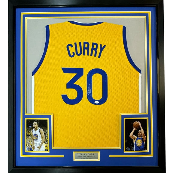 Framed Autographed/Signed Stephen Steph Curry 35x39 Golden State Yellow Basketball Jersey JSA COA