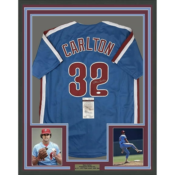 Framed Autographed/Signed Steve Carlton 35x39 Philadelphia Retro Blue Baseball Jersey JSA COA
