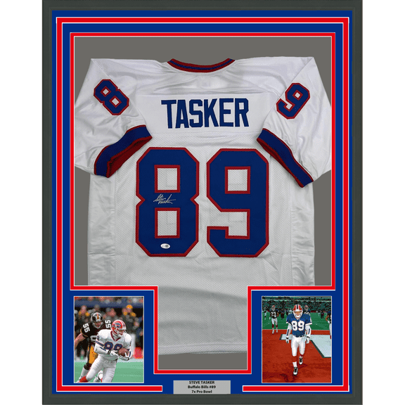 Framed Autographed/Signed Steve Tasker 35x39 Buffalo White Football Jersey JSA COA