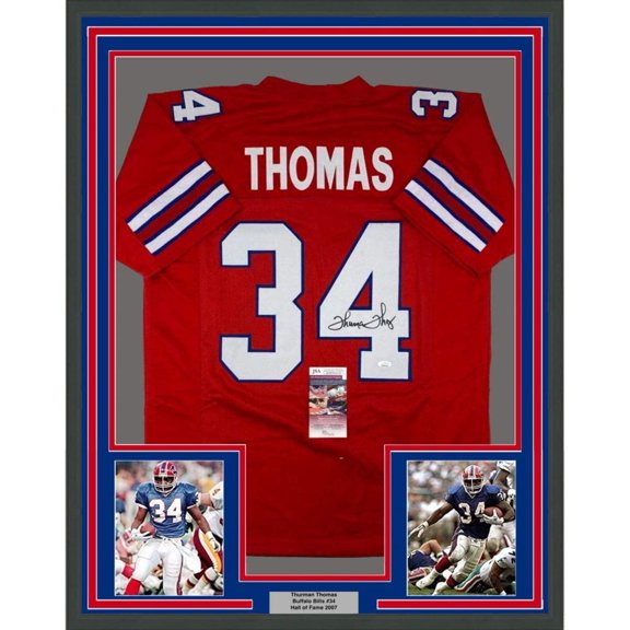 Framed Autographed/Signed Thurman Thomas 35x39 Buffalo Red Football Jersey JSA COA