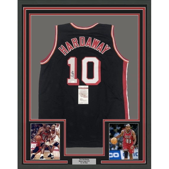 Framed Autographed/Signed Tim Hardaway 35x39 Miami Black Basketball Jersey JSA COA