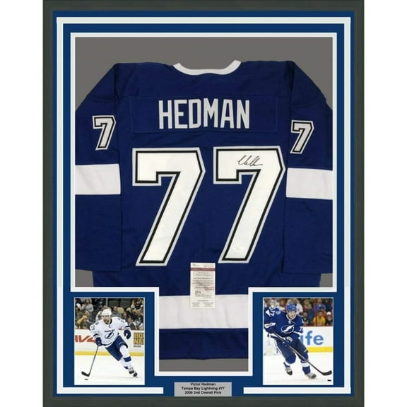 Framed Autographed/Signed Victor Hedman 35x39 Tampa Bay Blue Hockey Jersey JSA COA