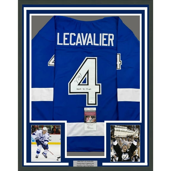 Framed Autographed/Signed Vincent Lecavalier 2004 SC Champs 35x39 Tampa Bay Blue Hockey Jersey JSA COA