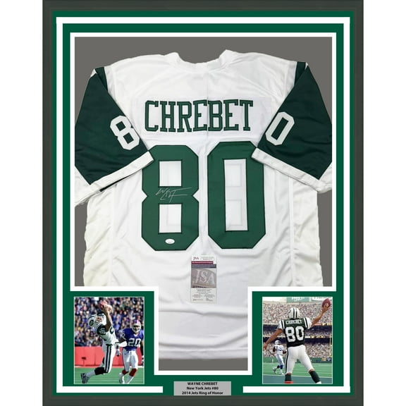 Framed Autographed/Signed Wayne Chrebet 35x39 New York White Football Jersey JSA COA