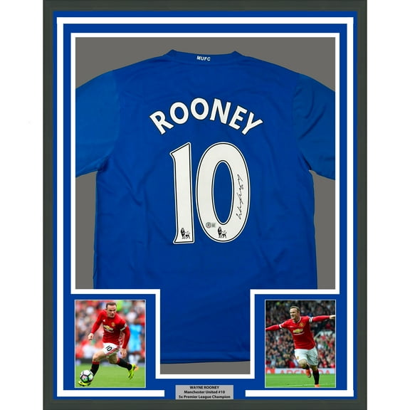 Framed Autographed/Signed Wayne Rooney 35x39 Manchester United Blue Soccer Jersey Beckett BAS COA