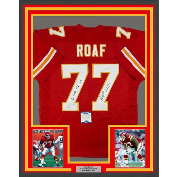 Framed Autographed/Signed Willie Roaf HOF 2012 35x39 Kansas City Red Football Jersey Beckett BAS COA
