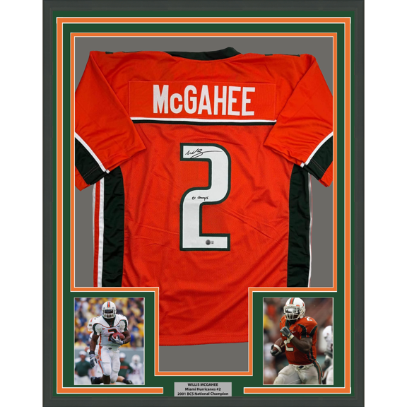 Framed Autographed/Signed Willis McGahee 35x39 "01 Champs" Miami Orange College Football Jersey Beckett BAS COA
