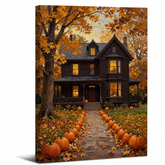 Framed Autumn House Canvas Wall Art,Thanksgiving Halloween Pumpkin abstract canvas print for bathroom bedroom living room decor,8x12in