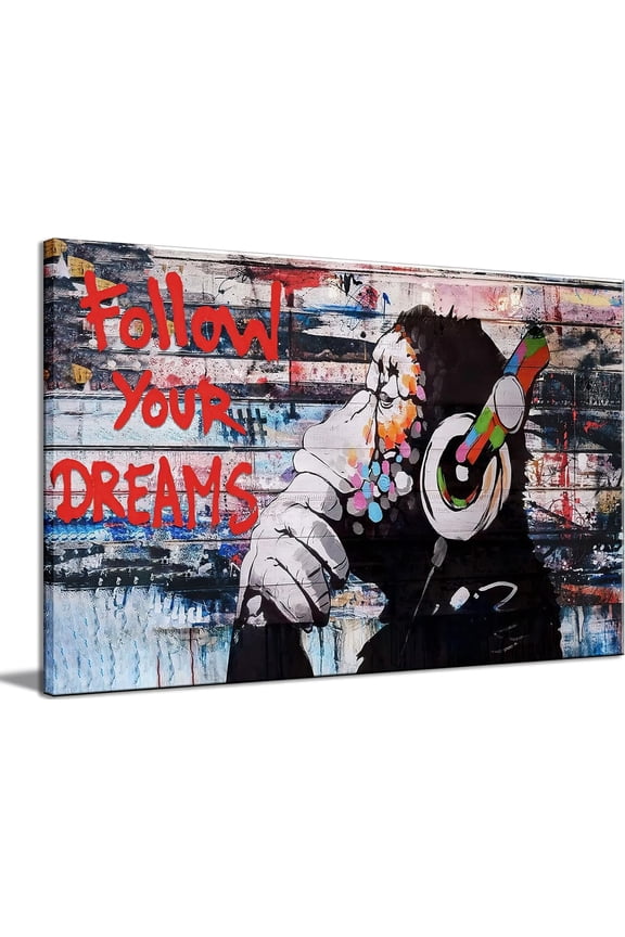 Framed Banksy Graffiti Canvas Wall Art Follow Your Dreams Monkey Poster With Headphones Prints Street Painting Picture Man Cave Wall Decor Pop Art for Living Room Ready To Hang 12"Wx16"H (30x40cm))