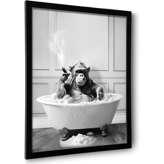 Framed Bathroom Decor Wall Art, Chimpanzee in Bathtub, Black and White Wall Art, Funny Bathroom Wall Decor Signs, Cute Animal Art Home Decor (Framed,8''x10'')