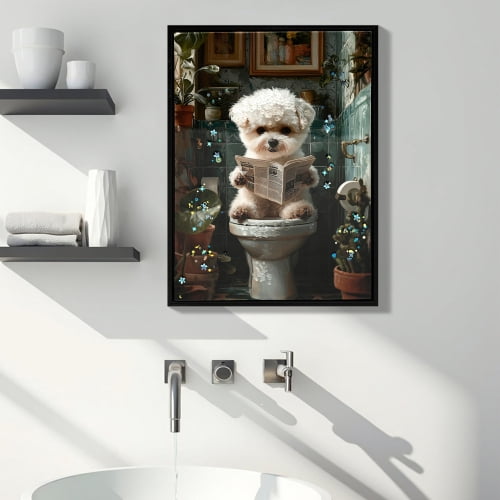 Framed Bathroom Wall Art Cute Puppy Dog Picture Funny Canvas Print with Black Frame for Living Room Home Decor Gift Ready to Hang 12x16 Indigo White