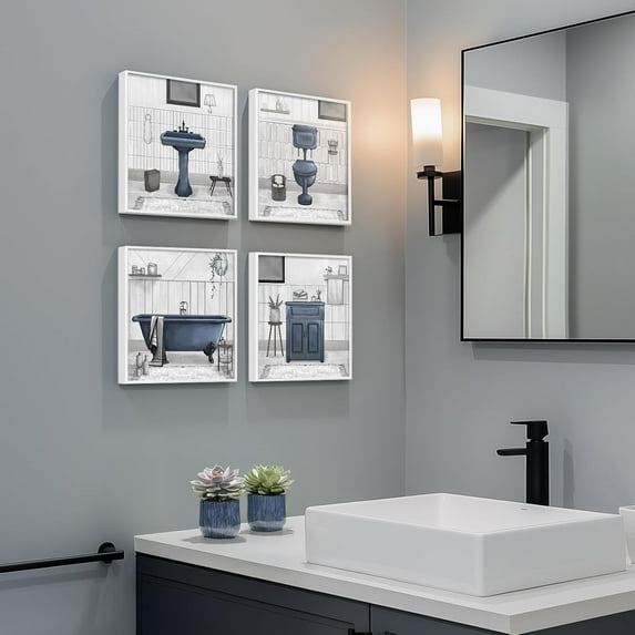 Framed Bathroom Wall Art Decor, 4 Piece Blue Canvas Prints for Walls, 12x12 inch Modern Bathroom Wall Decor