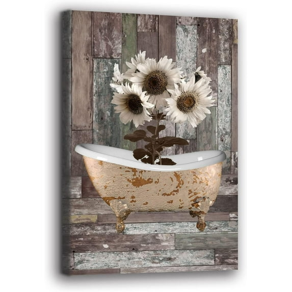 Framed Bathroom Wall Art Sunflowe Canvas Artwork Printed Modern Flower Bathtub Vintage Wood Wall Decor for Hotel Bedroom Modern Home Decor Wall Decoration Ready to Hang12x16 inch