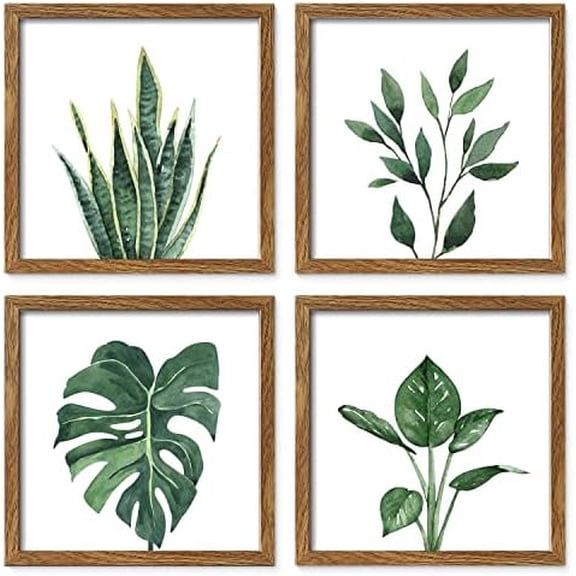 Framed Bathroom Wall Decor, 10x10 Inch Botanical Wall Art with Sage Green Plant Print for Wall Decoration, Minimalist Restroom Decor (Walnut)