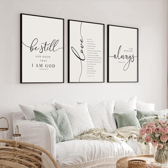 Framed Be Still and Know that I am God Sign Love is Patient Love is Kind Wall Art Set of 3 with Wooden Frame (Black, 11x14)