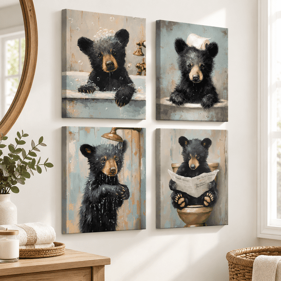 Framed Bear Bathroom Canvas Art Prints Set of 4, 8x10 Inches