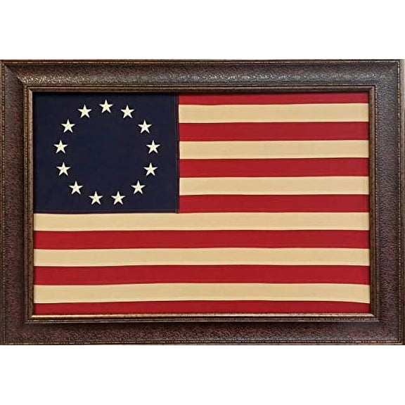 Framed Betsy Ross Flag | Real Cotton Cloth Embroidered Flag | 31L X 43W" Inches