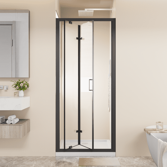 Framed Bi-fold Pivot Shower Door 30"x72" Space-saving Folding Shower Enclosure, 1/4" Clear Tempered Glass with Stainless Steel Handle, Reverible Installation, Black
