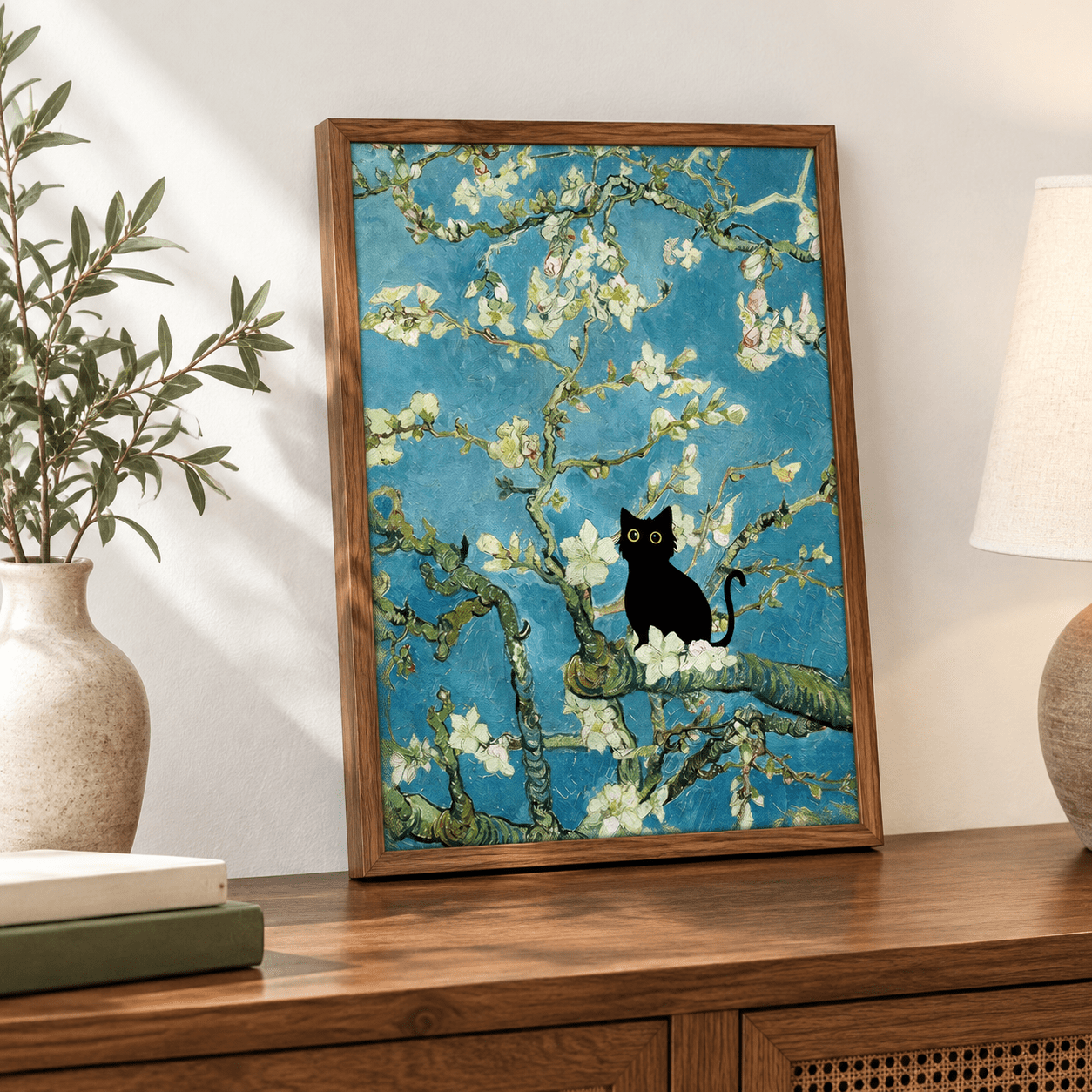 Framed Black Cat Wall Art Funny Van Gogh Almond Blossom Picture ...