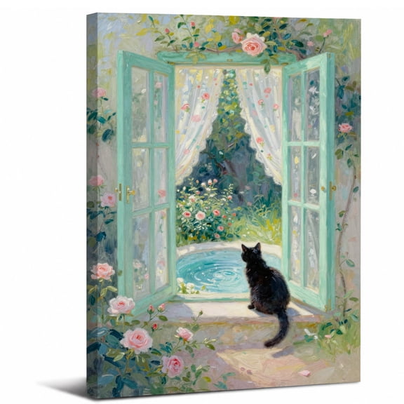 Framed Black Cat Window Garden Canvas Wall Art Decor,Black Cat on Windowsill with Roses Sheer Curtains abstract for bathroom bedroom living room